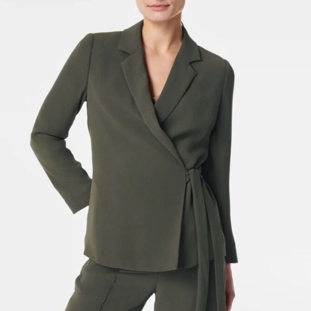 Spanx Olive Green Wrap Blazer Jacket Size Medium Tie Waist Stretch Tailored